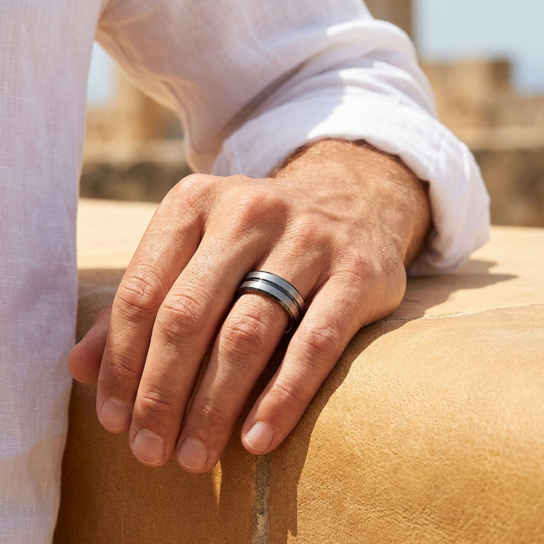 Aage | Brushed Silver Grooved Tungsten Carbide | Men's Ring
