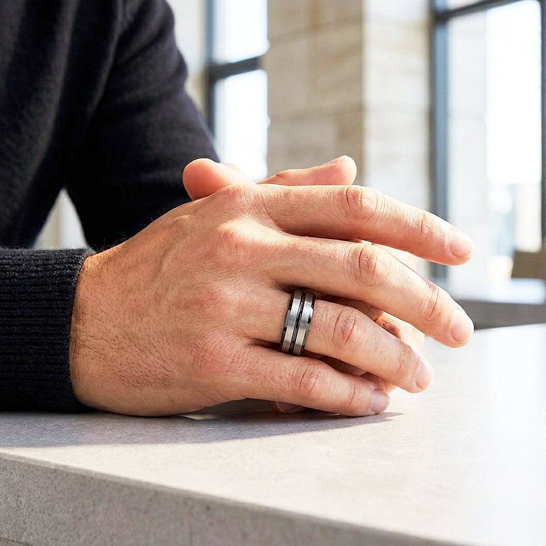 Aage | Brushed Silver Grooved Tungsten Carbide | Men's Ring