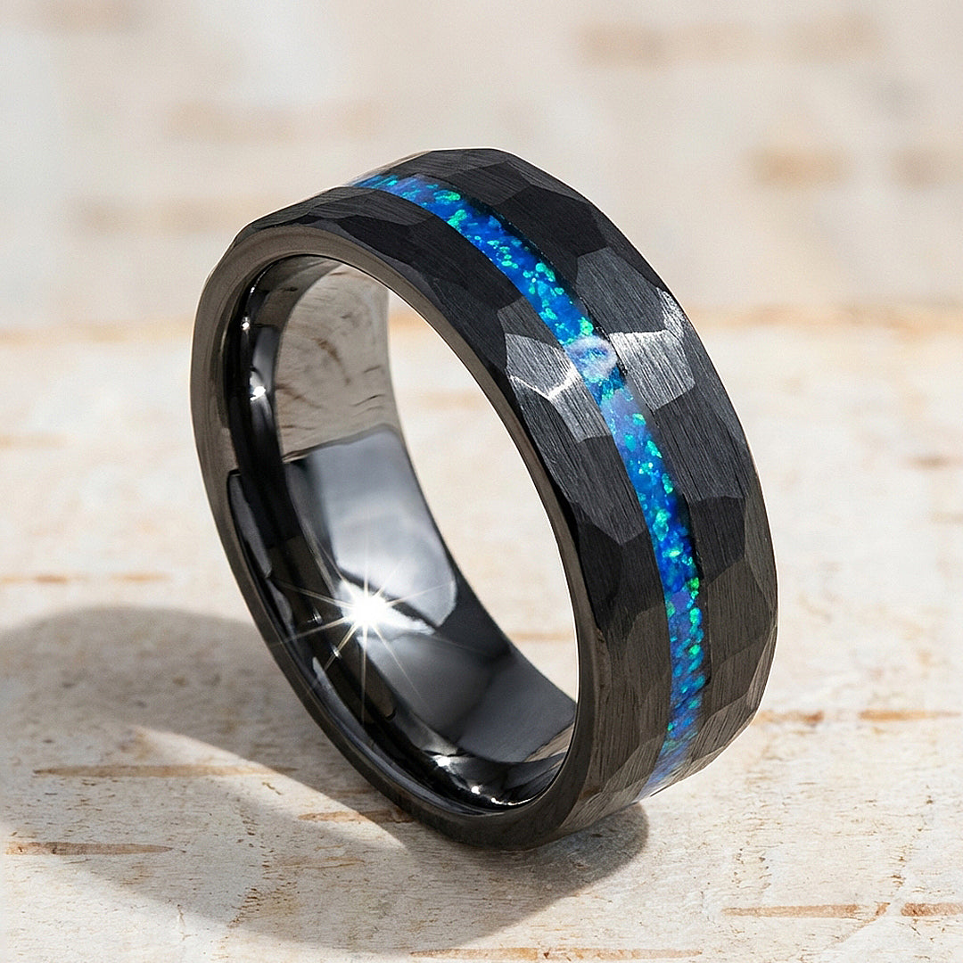 Abyssion Hammered Blue Opal Inlay Black Tungsten Carbide Ring | Men's Ring