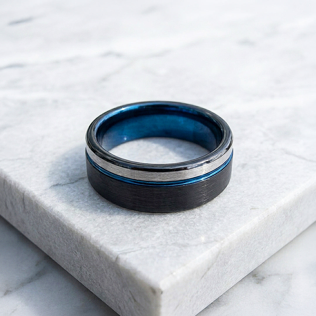 Aura | Matte Brushed Black and Silver Tungsten Carbide | Men's Ring