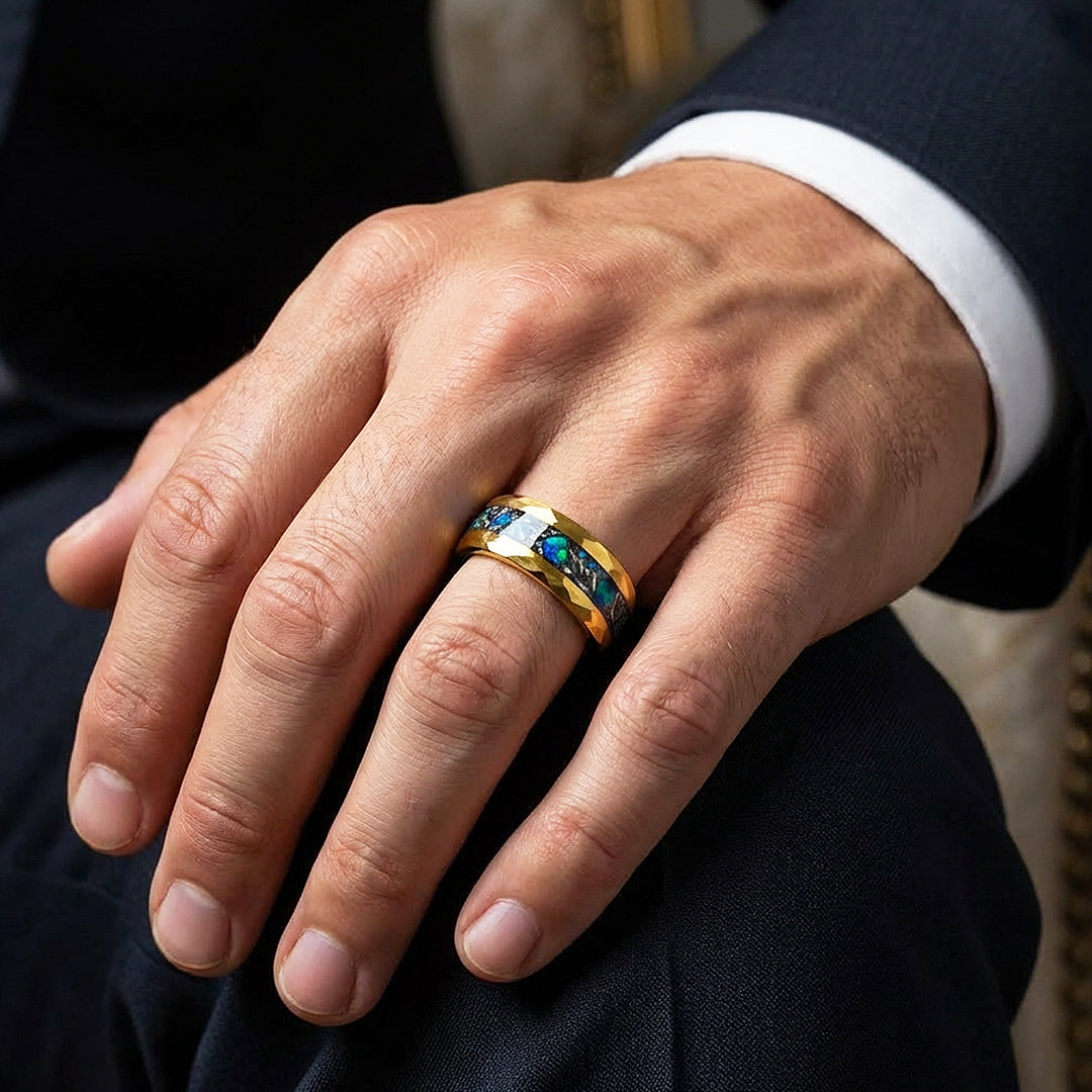 Aureus Opal Hammered Gold Opal Inlay Tungsten Carbide Ring | Men's Ring