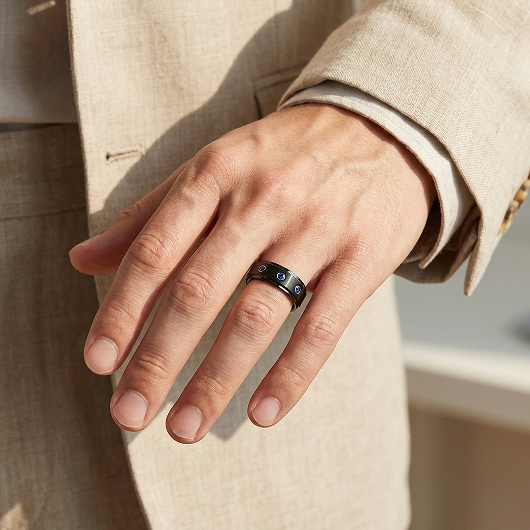 Azure Brushed Triple Blue Stone Tungsten Carbide Ring | Men's Ring