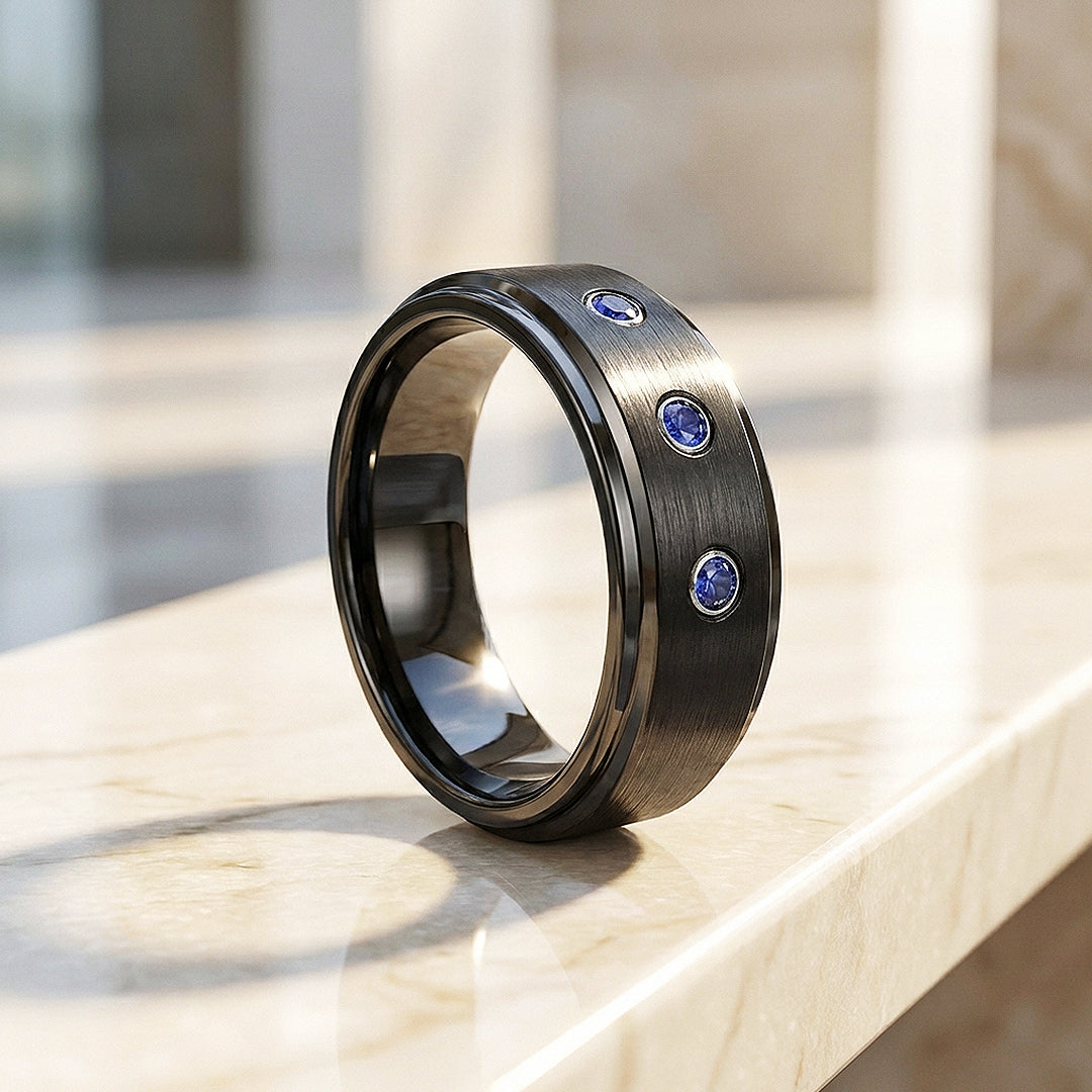 Azure Brushed Triple Blue Stone Tungsten Carbide Ring | Men's Ring