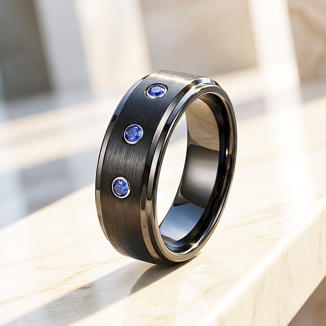 Azure Brushed Triple Blue Stone Tungsten Carbide Ring | Men's Ring