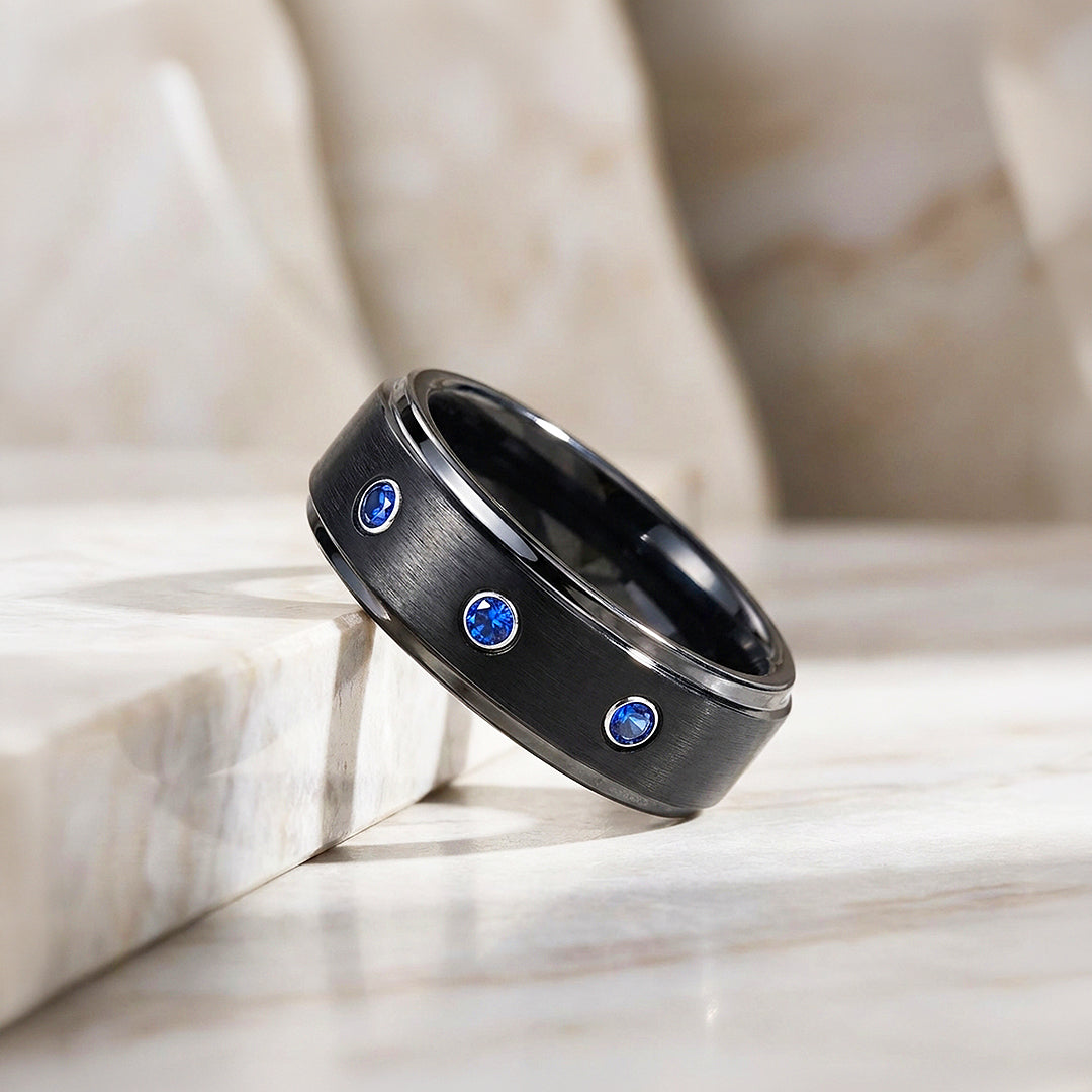 Azure Brushed Triple Blue Stone Tungsten Carbide Ring | Men's Ring