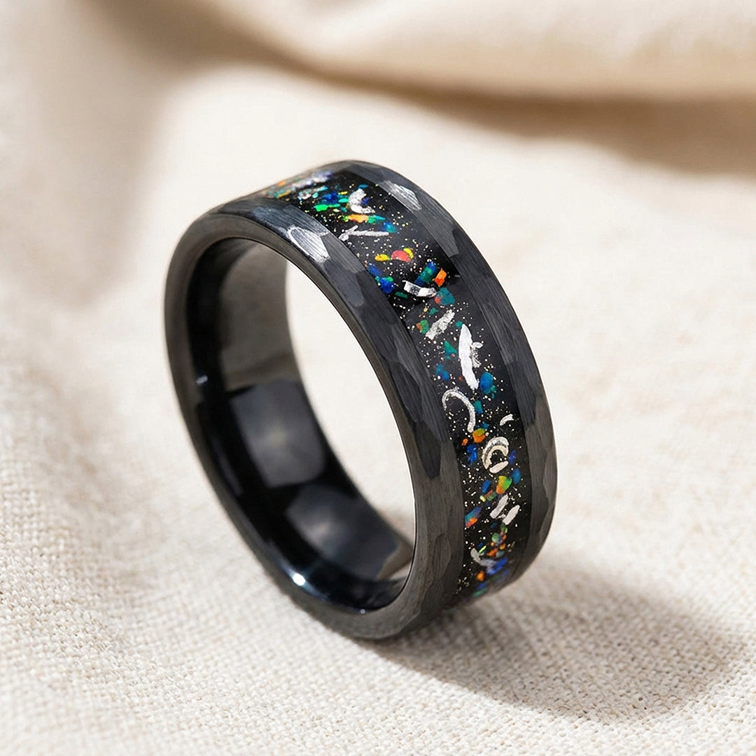 Barrel Opal Meteorite Inlay Black Tungsten Carbide Ring | Men's Ring