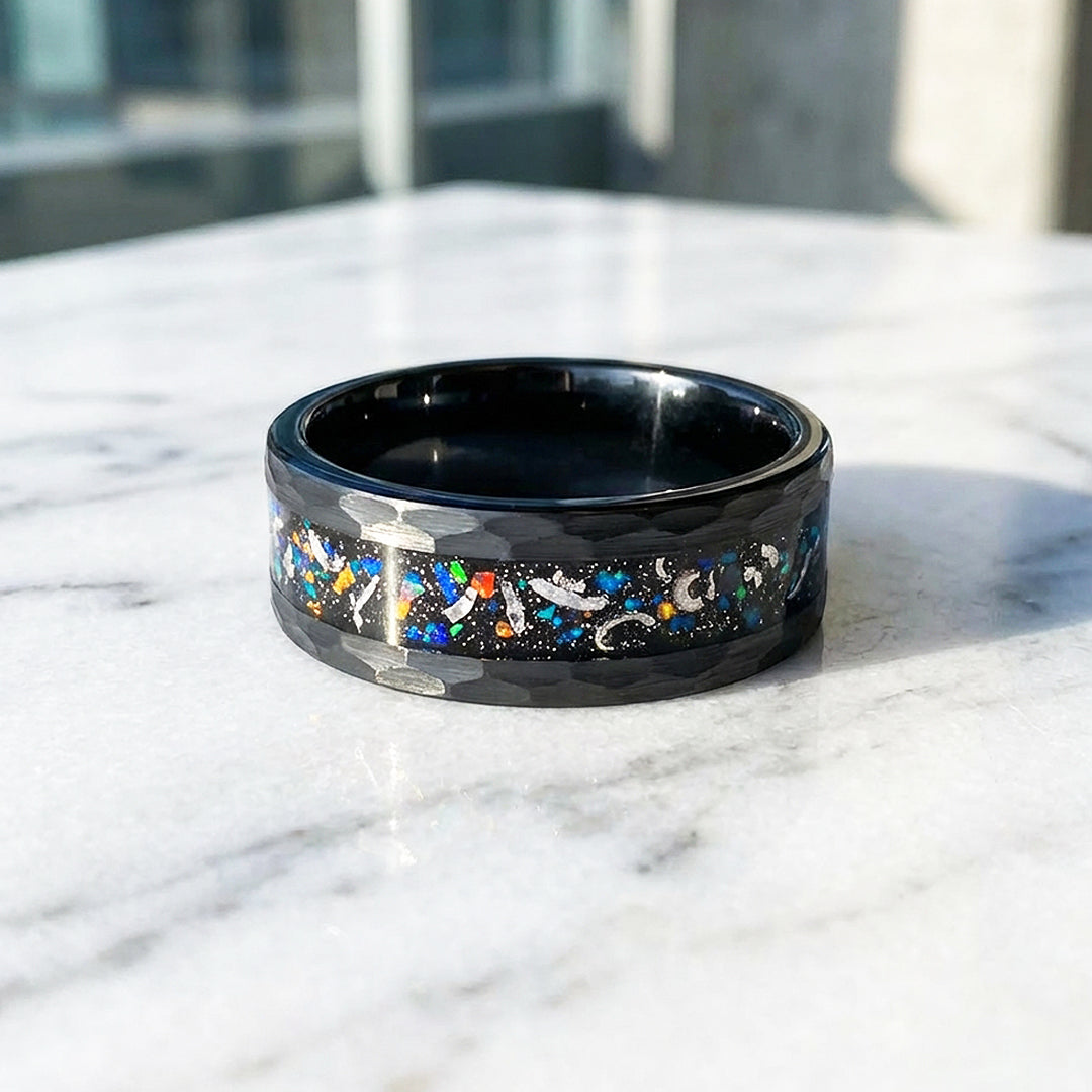 Barrel Opal Meteorite Inlay Black Tungsten Carbide Ring | Men's Ring
