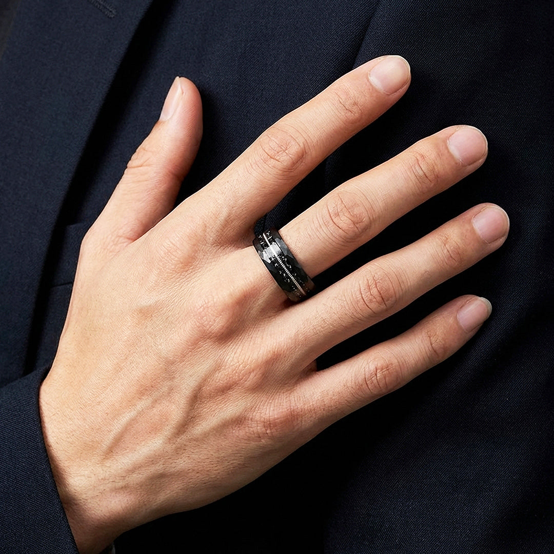 Blackcoil Hammered Guitar String Meteorite Tungsten Carbide Ring | Men's Ring