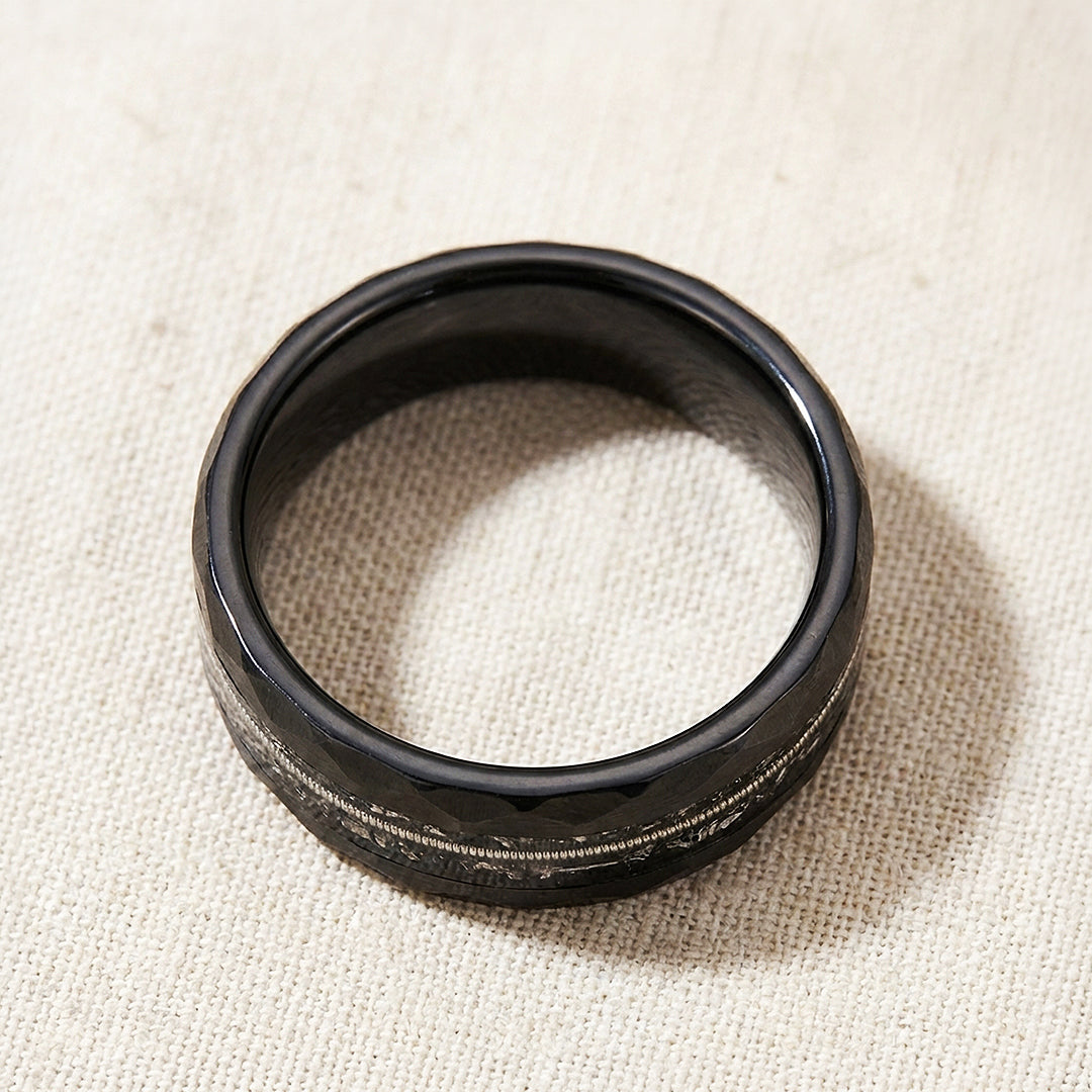 Blackcoil Hammered Guitar String Meteorite Tungsten Carbide Ring | Men's Ring
