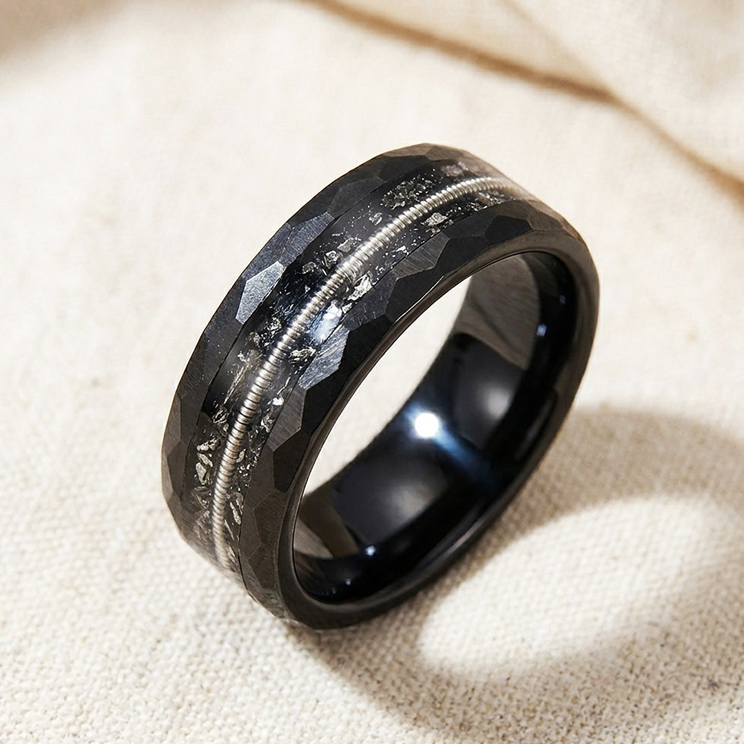 Blackcoil Hammered Guitar String Meteorite Tungsten Carbide Ring | Men's Ring