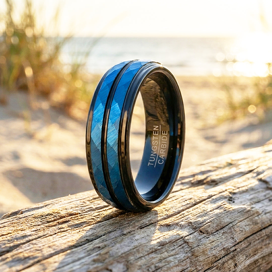 Blue Lake | Hammered Blue and Black Grooved Tungsten Carbide | Men's Ring
