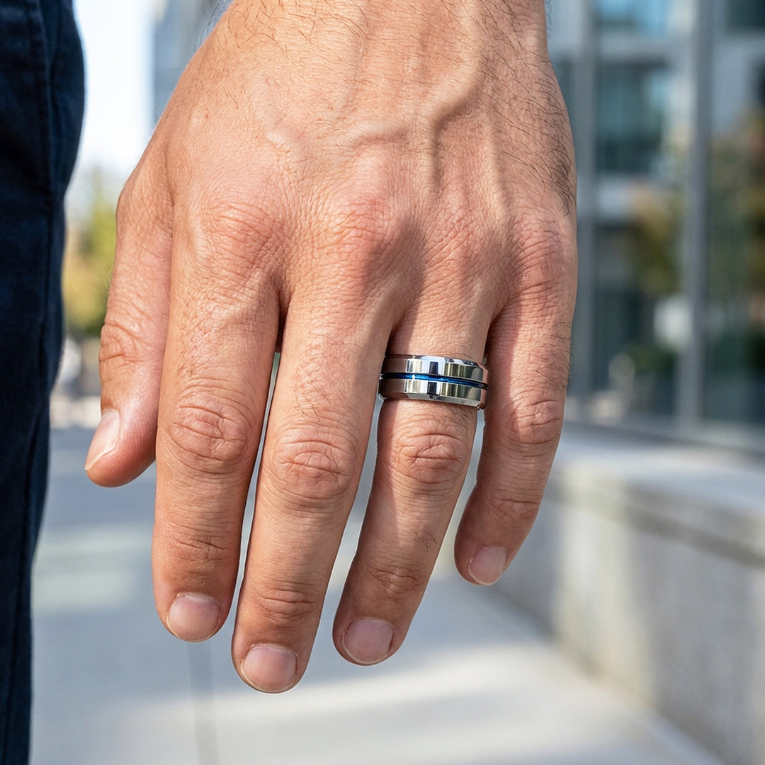 Chasin | Polished Blue Groove Tungsten Carbide Ring | Men's Ring