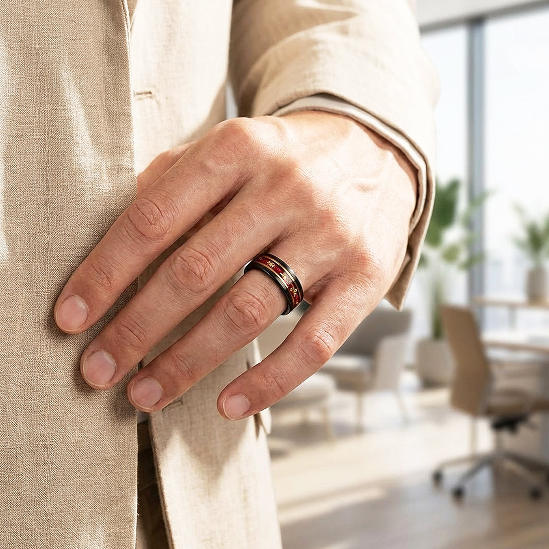 Crimson Forge Red Stone Black Tungsten Carbide Ring | Men's Ring