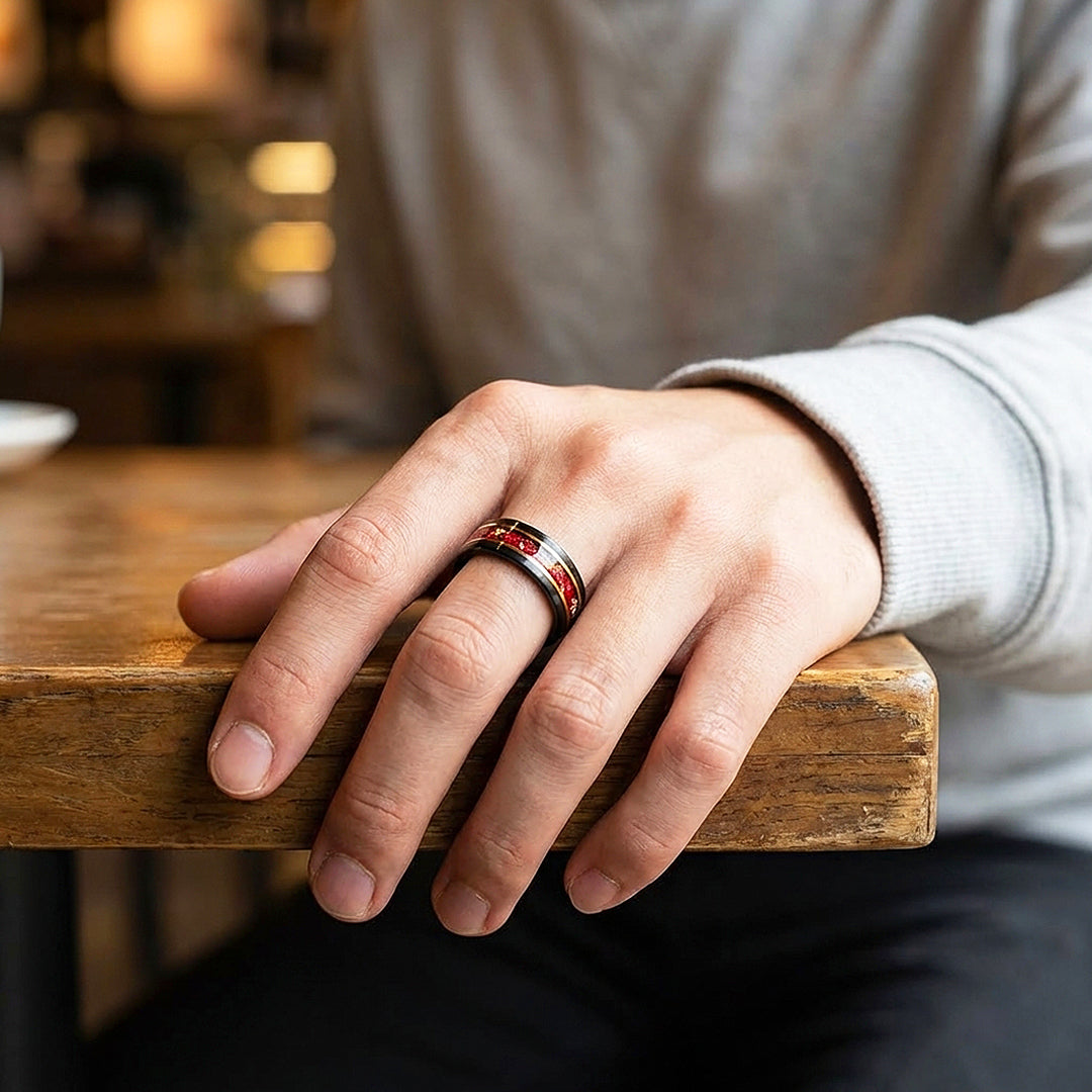 Crimson Forge Red Stone Black Tungsten Carbide Ring | Men's Ring
