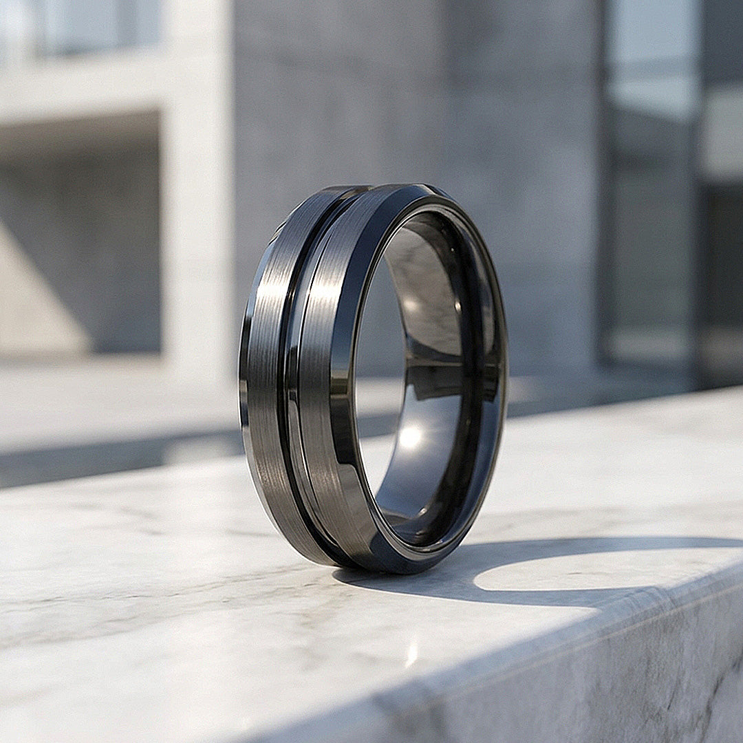 Evert | Black Brushed Center Groove Tungsten Ring | Men's Ring