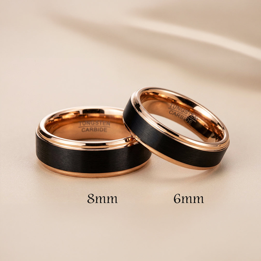 Finnick | Tungsten Couple Rings | Black & Rose Gold Wedding Bands