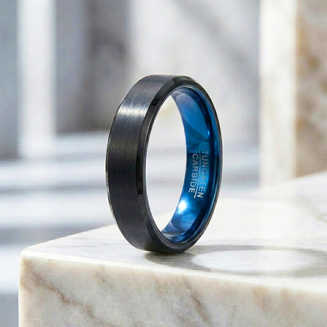 Gadget | Black Matte Bevelled Edge Blue Interior Tungsten Carbide | Men's Ring