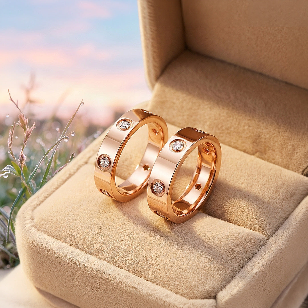 Gingerbread | High-Polished Bezel-Set Circular Motif Flat Wedding Band