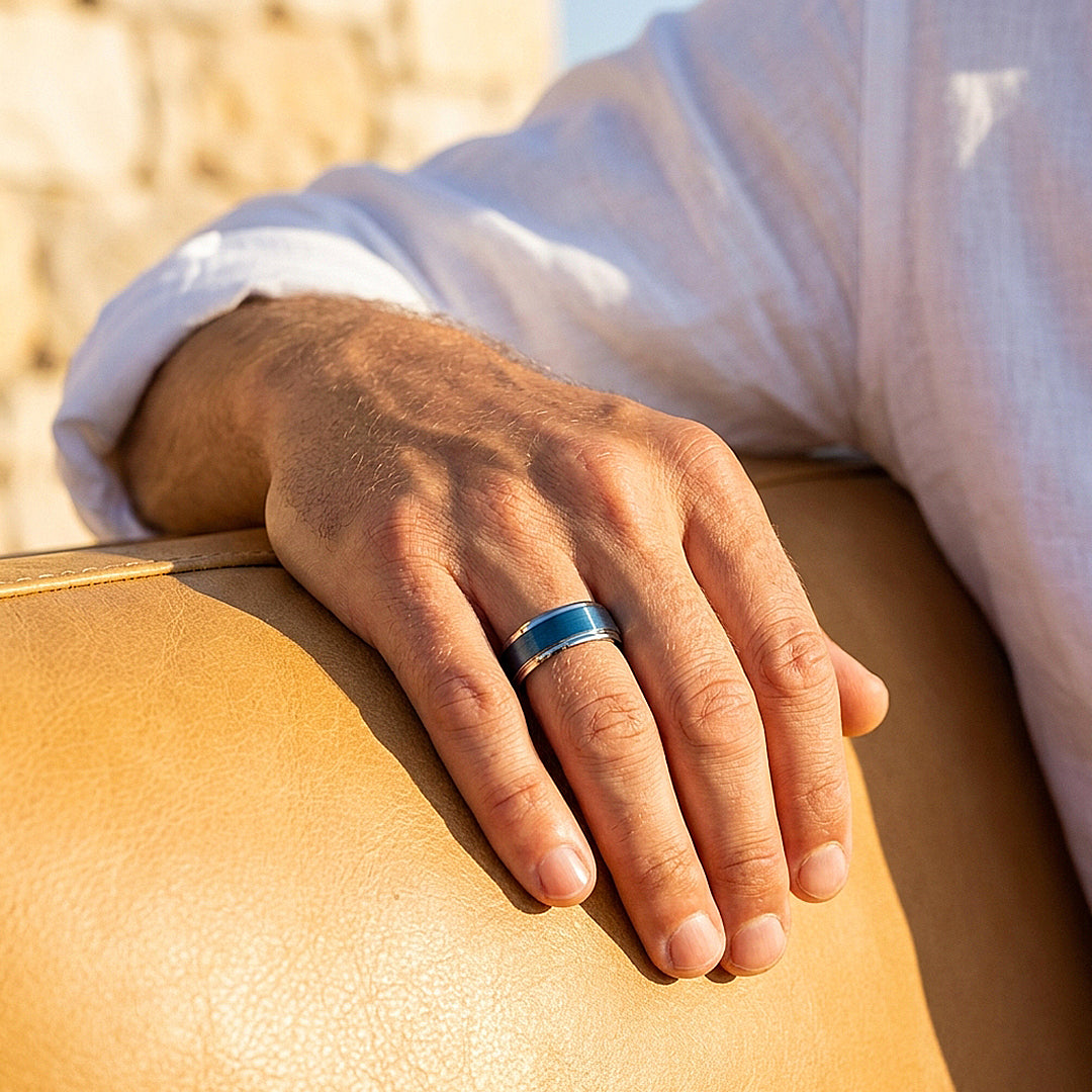 Grant | Brushed Blue and Silver Stepped Edge Tungsten Carbide | Men's Ring