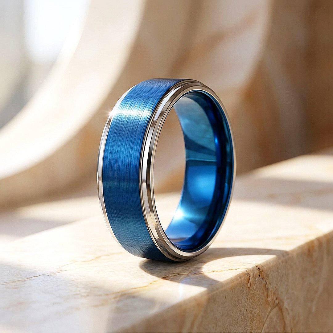 Grant | Brushed Blue and Silver Stepped Edge Tungsten Carbide | Men's Ring