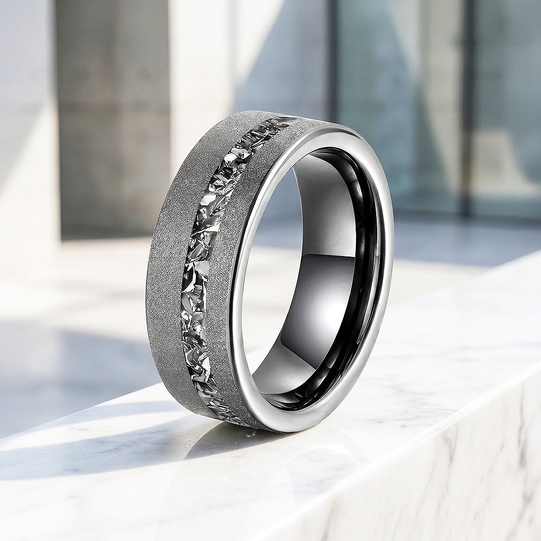 Gravel | Sandblasted Meteorite Fragment Inlay Tungsten Carbide | Men's Ring