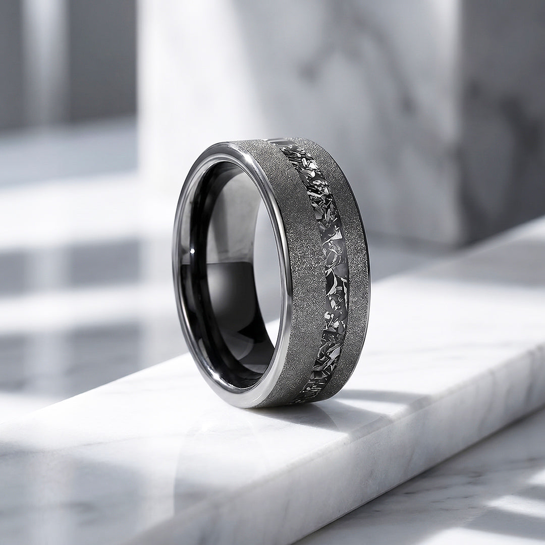 Gravel | Sandblasted Meteorite Fragment Inlay Tungsten Carbide | Men's Ring