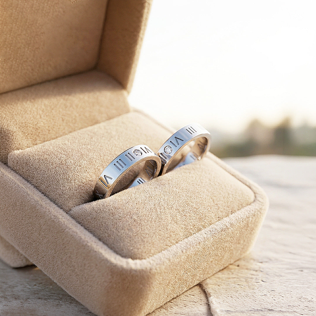 Heartstrings | High-Polished Roman Numeral Engraved Flat Wedding Band