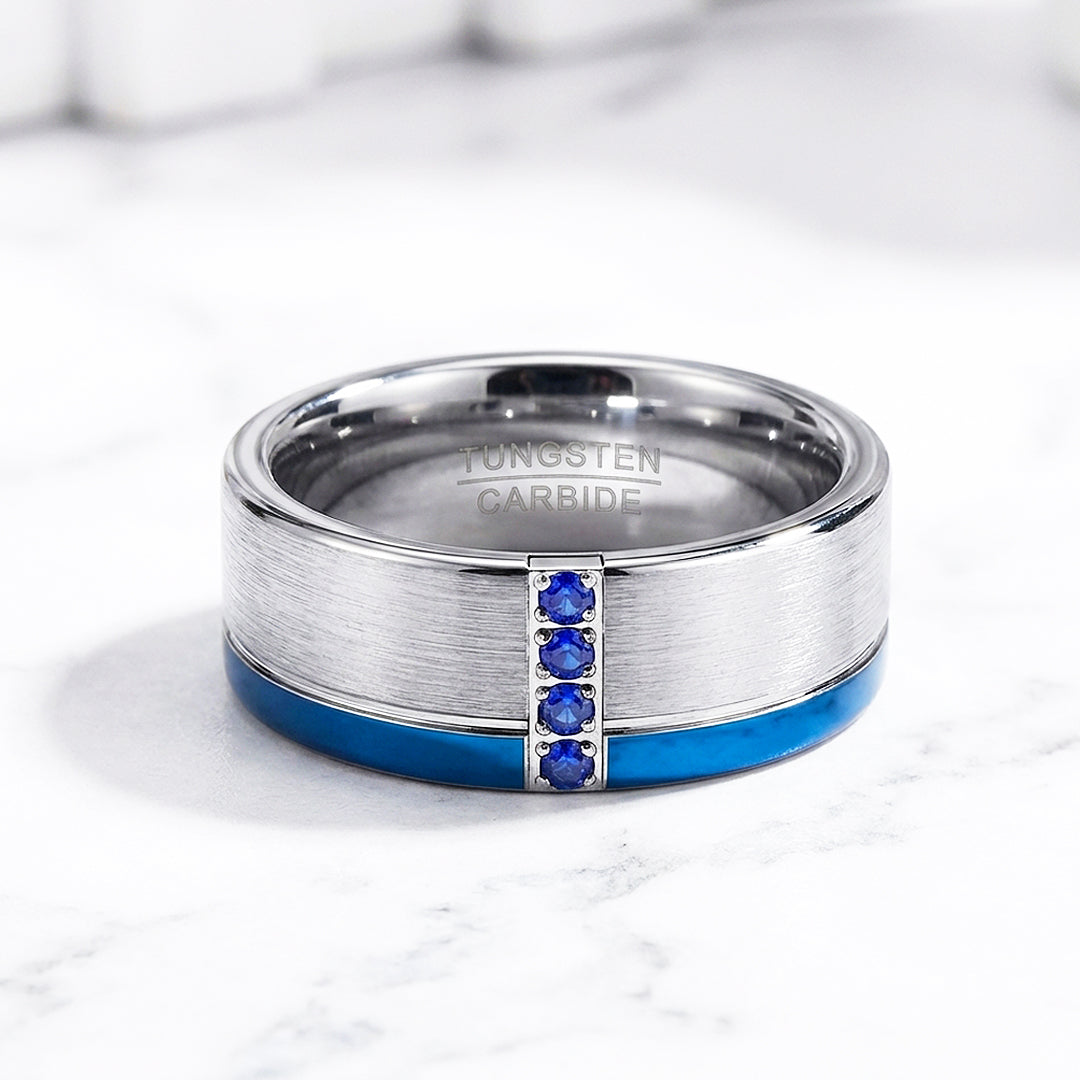 Hinokin Brushed Blue Diamond Simulant Tungsten Carbide Ring | Men's Ring