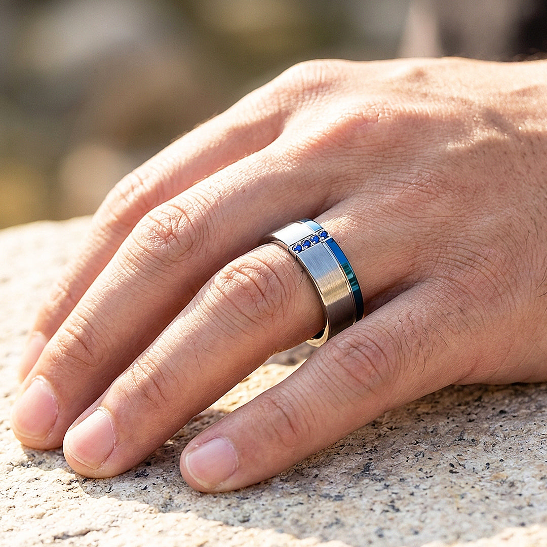 Hinokin Brushed Blue Diamond Simulant Tungsten Carbide Ring | Men's Ring