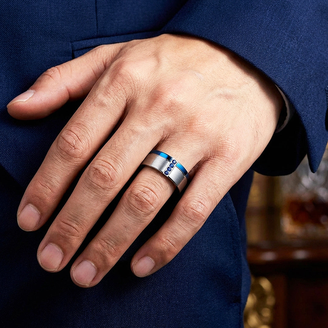 Hinokin Brushed Blue Diamond Simulant Tungsten Carbide Ring | Men's Ring