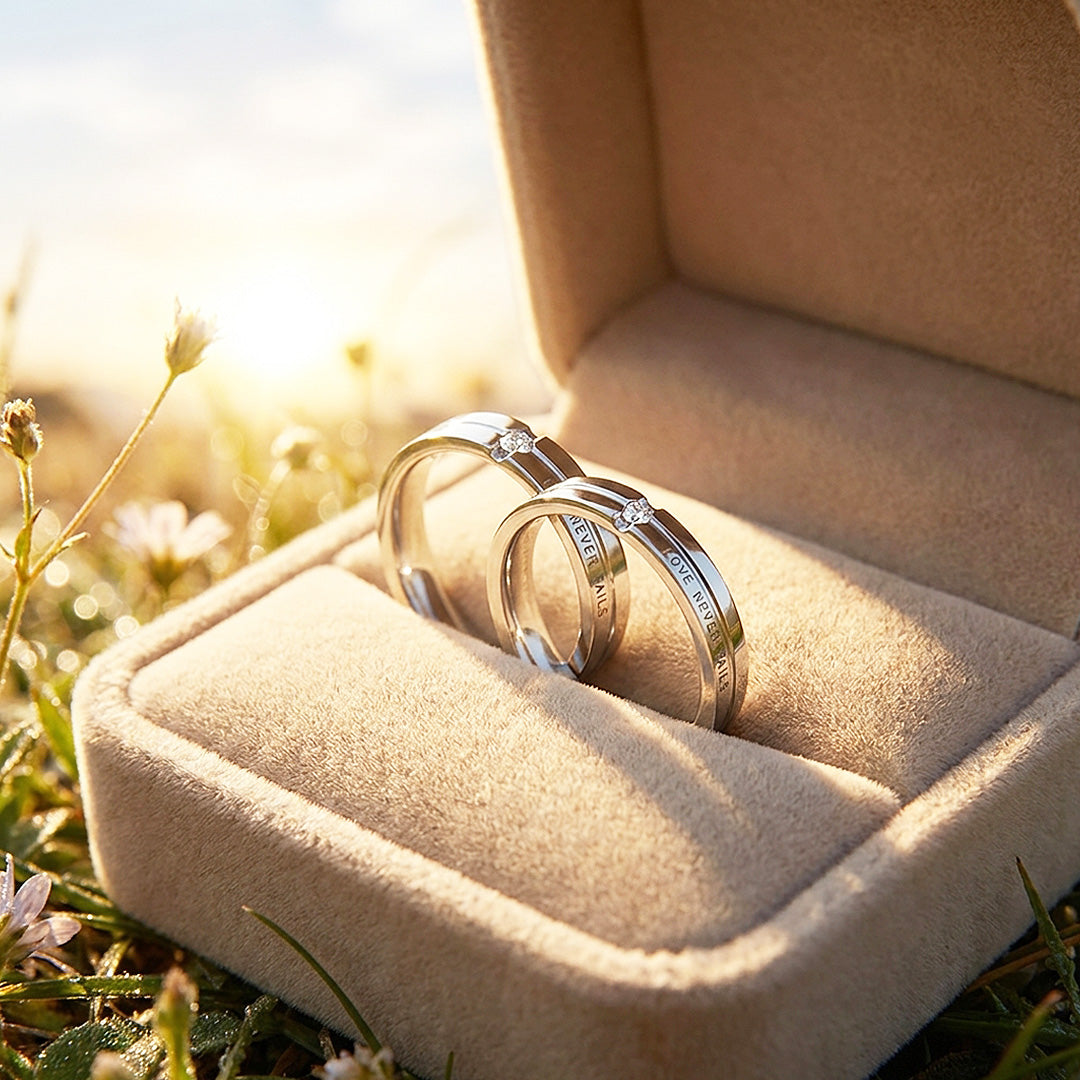 Love Never Fails | Silver | High-Polished Engraved Grooved Solitaire Wedding Band