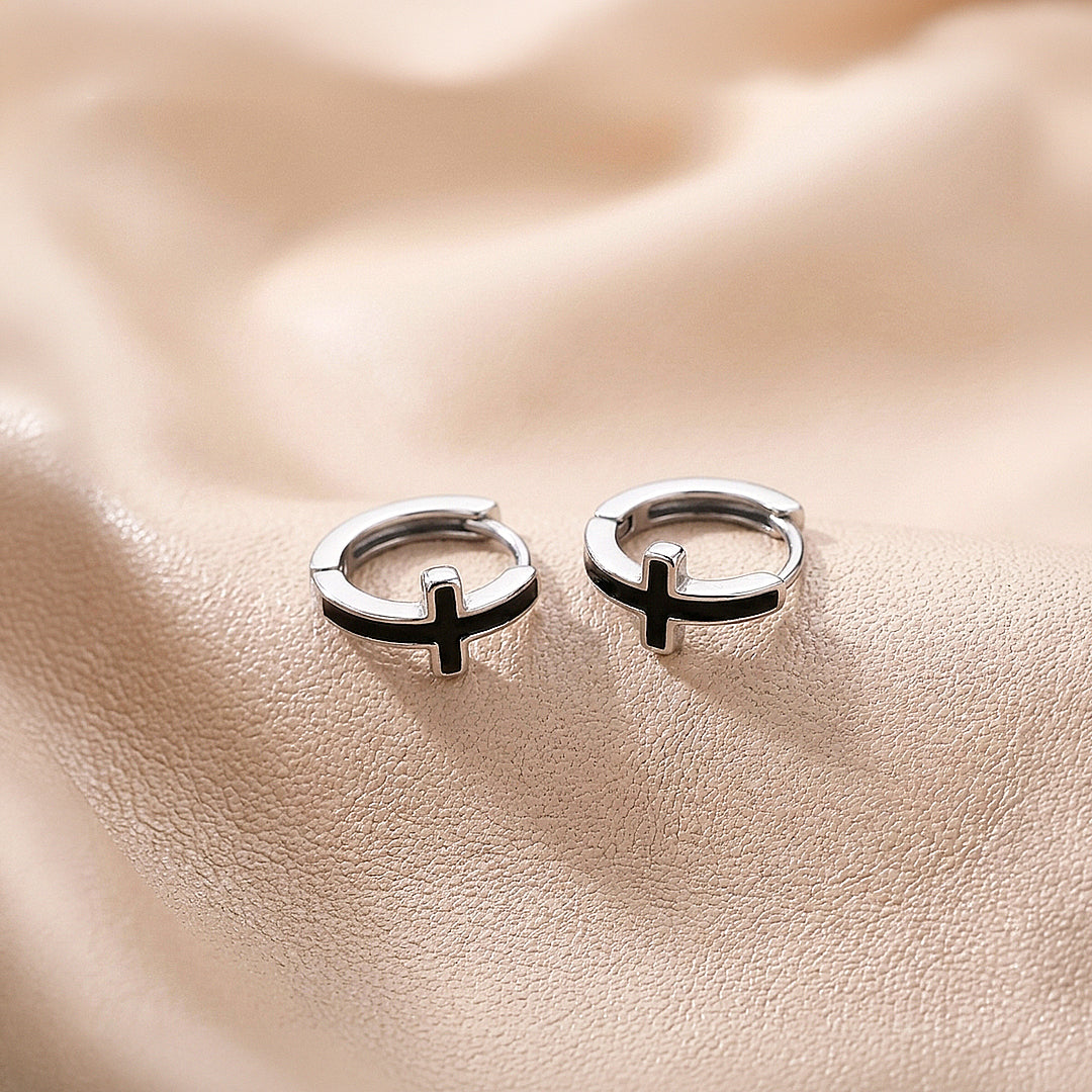 Black Enamel Cross Huggie Hoop | Men's Earrings | ME1007