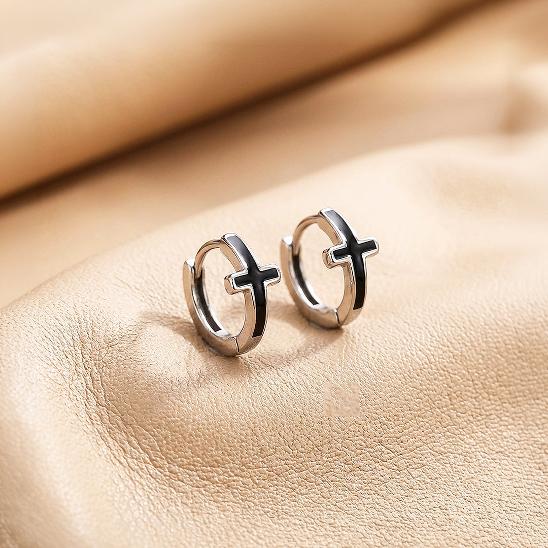 Black Enamel Cross Huggie Hoop | Men's Earrings | ME1007