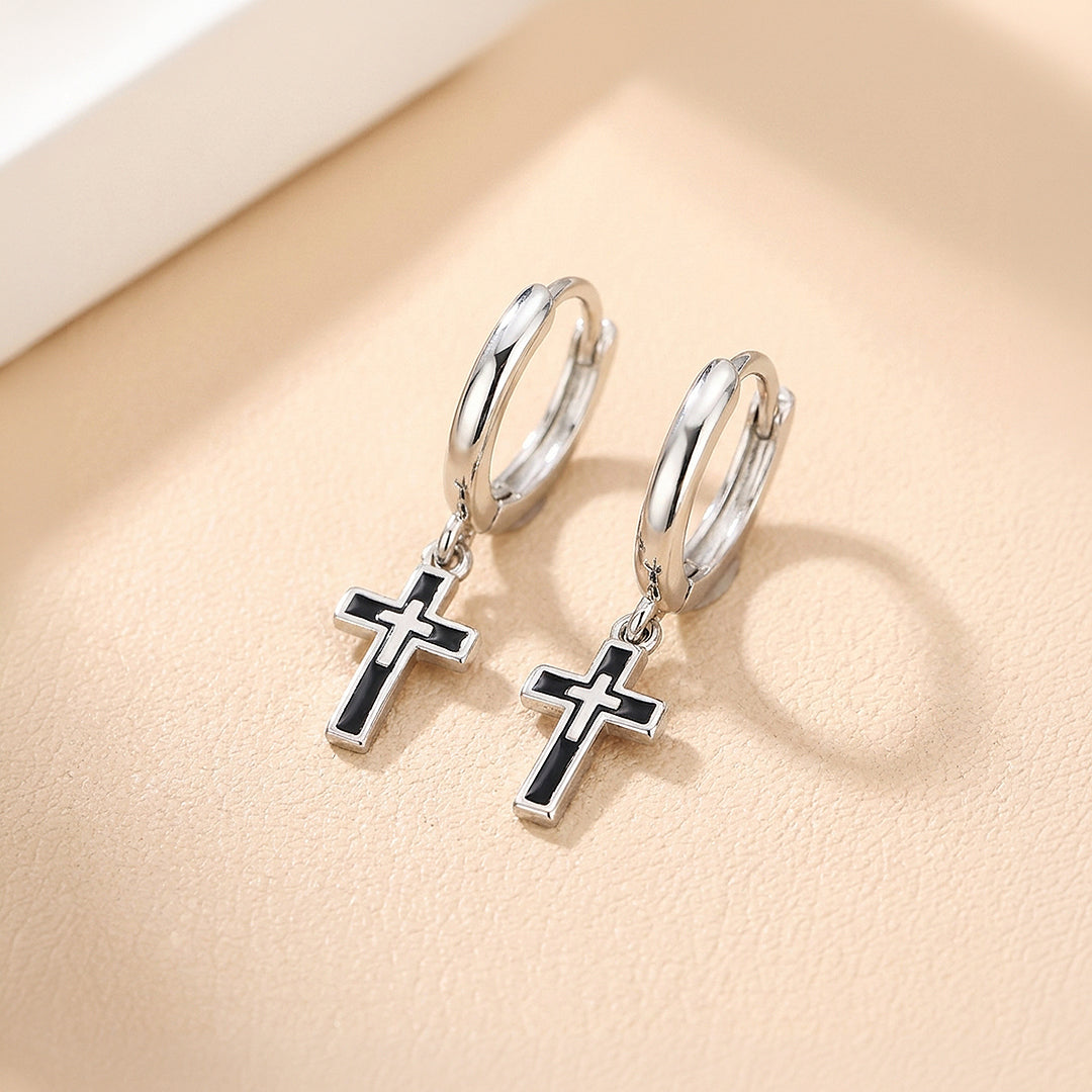 Black Enamel Cross Drop Huggie Hoop | Men's Earrings | ME1008