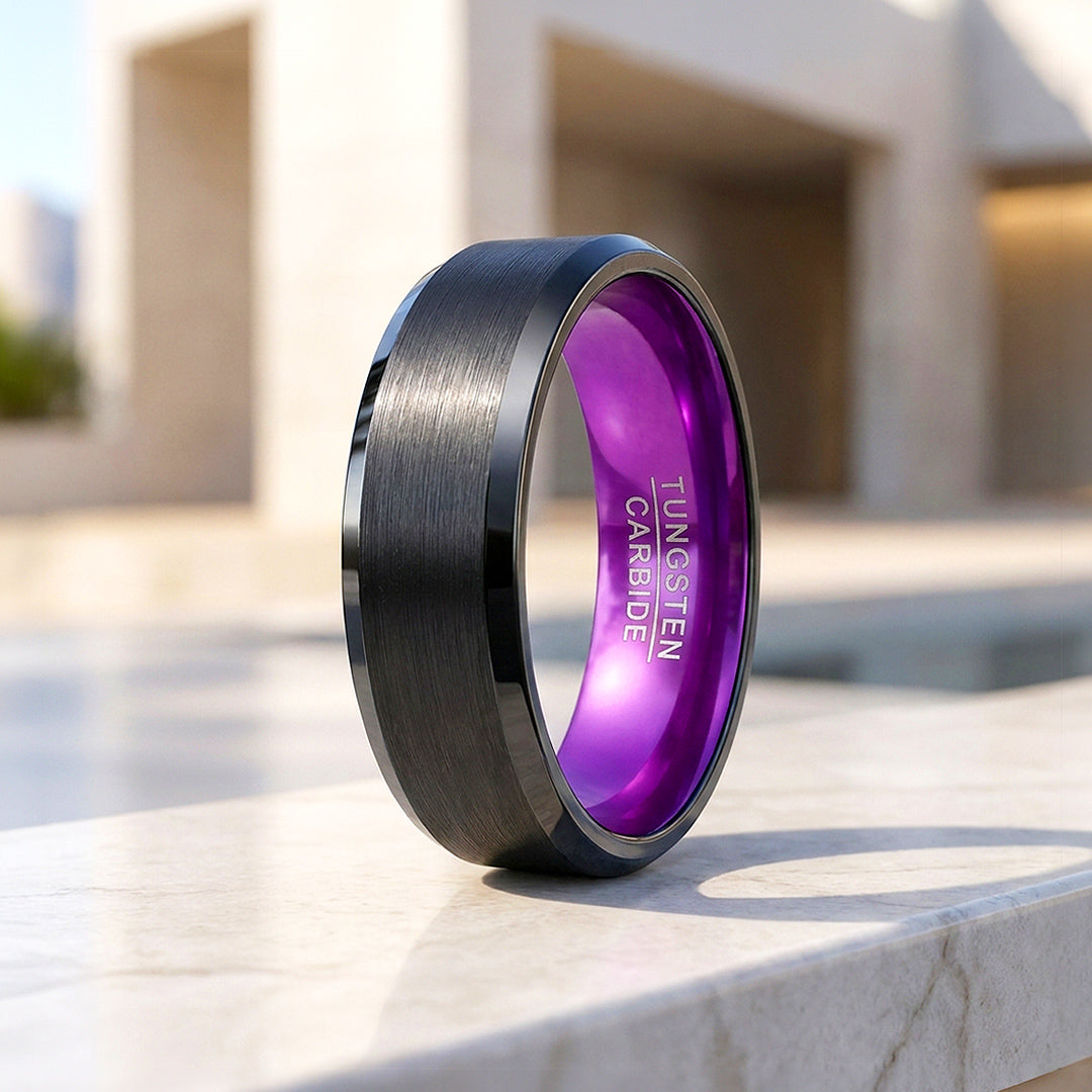 Magenta | Brushed Black Purple Interior Tungsten Carbide Men's Ring