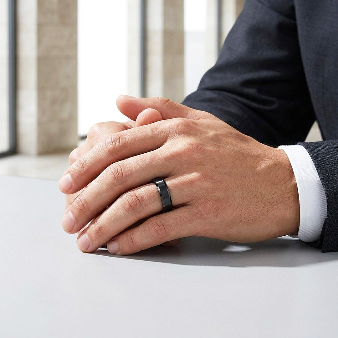 Merit | Black Brushed Bevelled Edge Tungsten Ring | Men's Ring