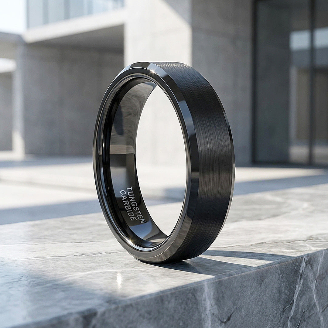 Merit | Black Brushed Bevelled Edge Tungsten Ring | Men's Ring