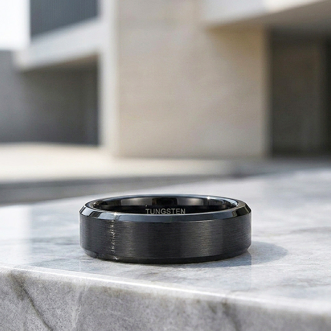 Merit | Black Brushed Bevelled Edge Tungsten Ring | Men's Ring