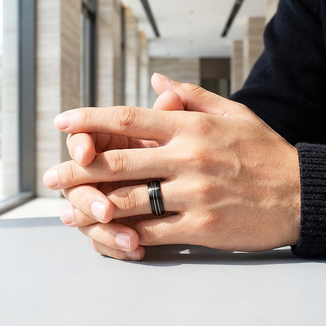 Midnight Edge | Black Brushed Dual Silver Groove Tungsten Carbide | Men's Ring