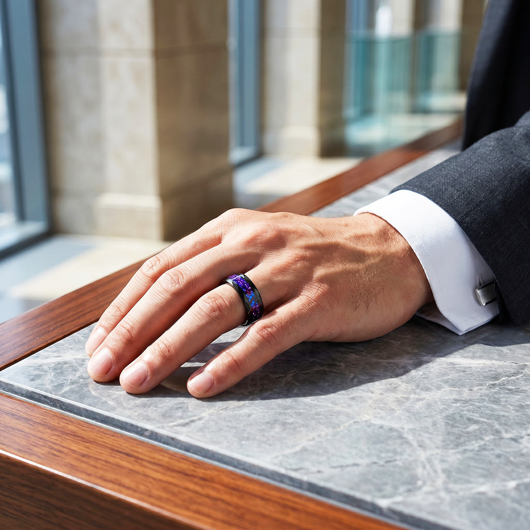Midnight Prism | Black Cosmic Purple-Blue Tungsten Carbide Ring | Men's Ring