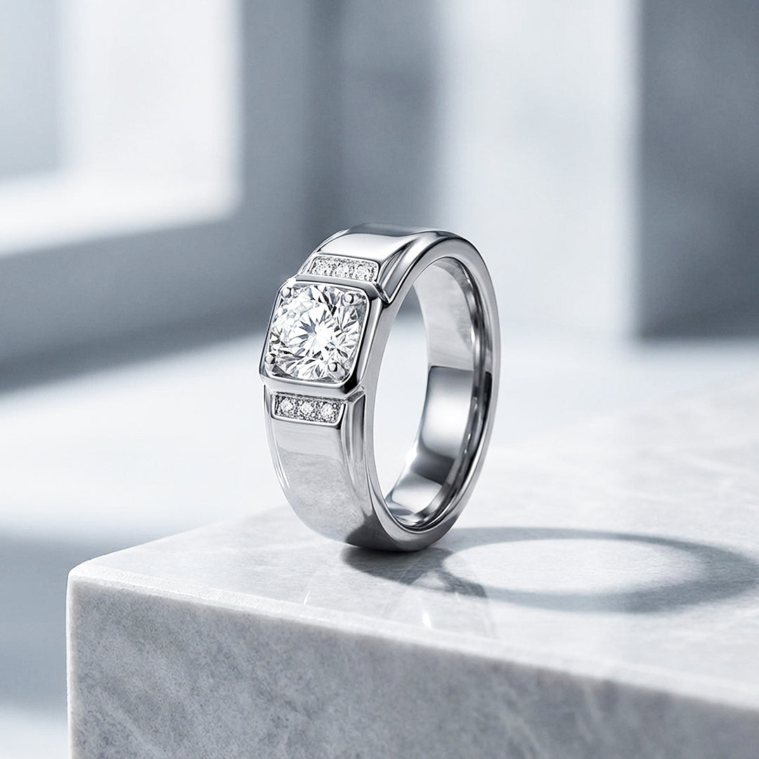Square Bezel Solitaire Moissanite Men Ring | 925 Sterling Silver | PRM1011