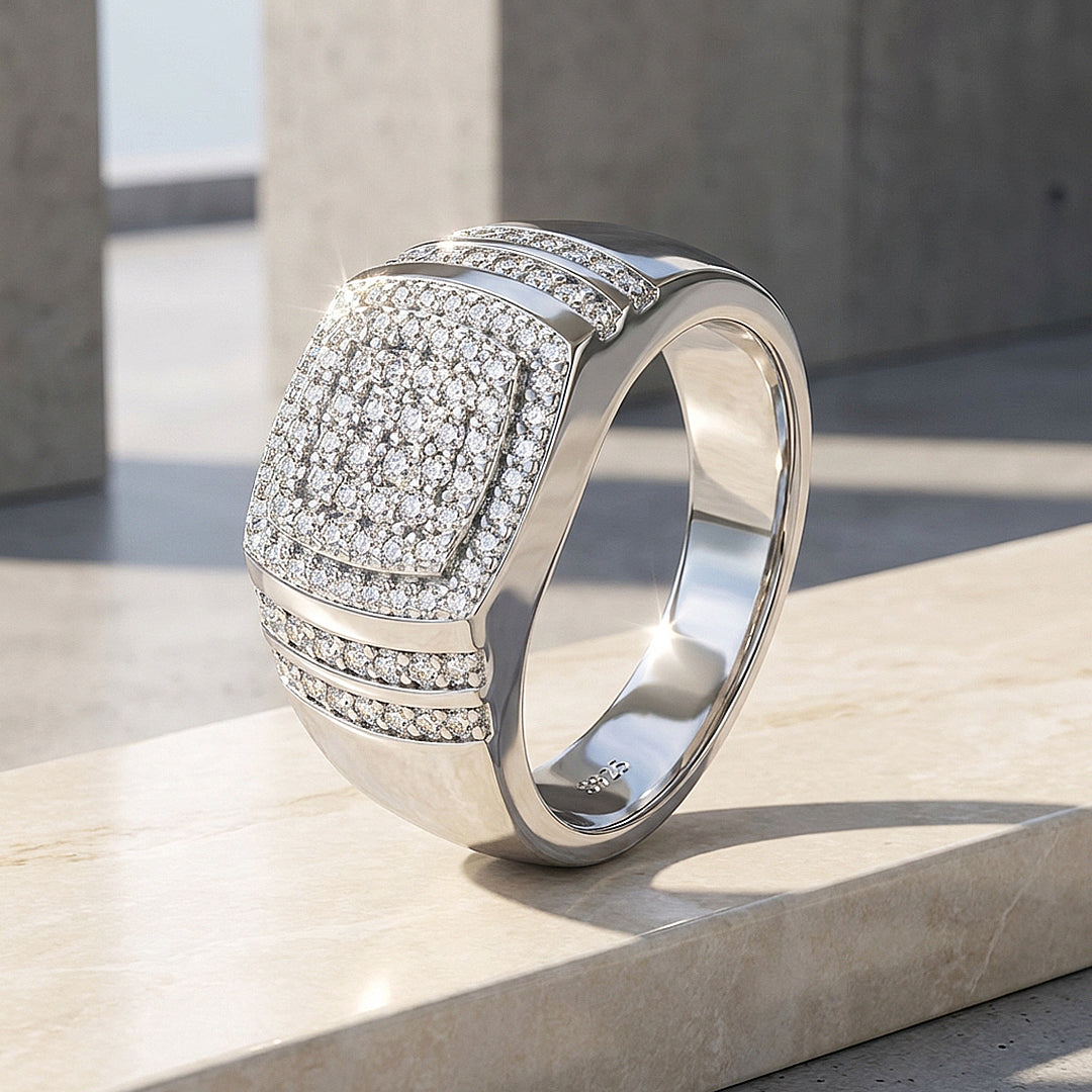 Iced Cushion Moissanite Men Ring | 925 Sterling Silver | PRM1018