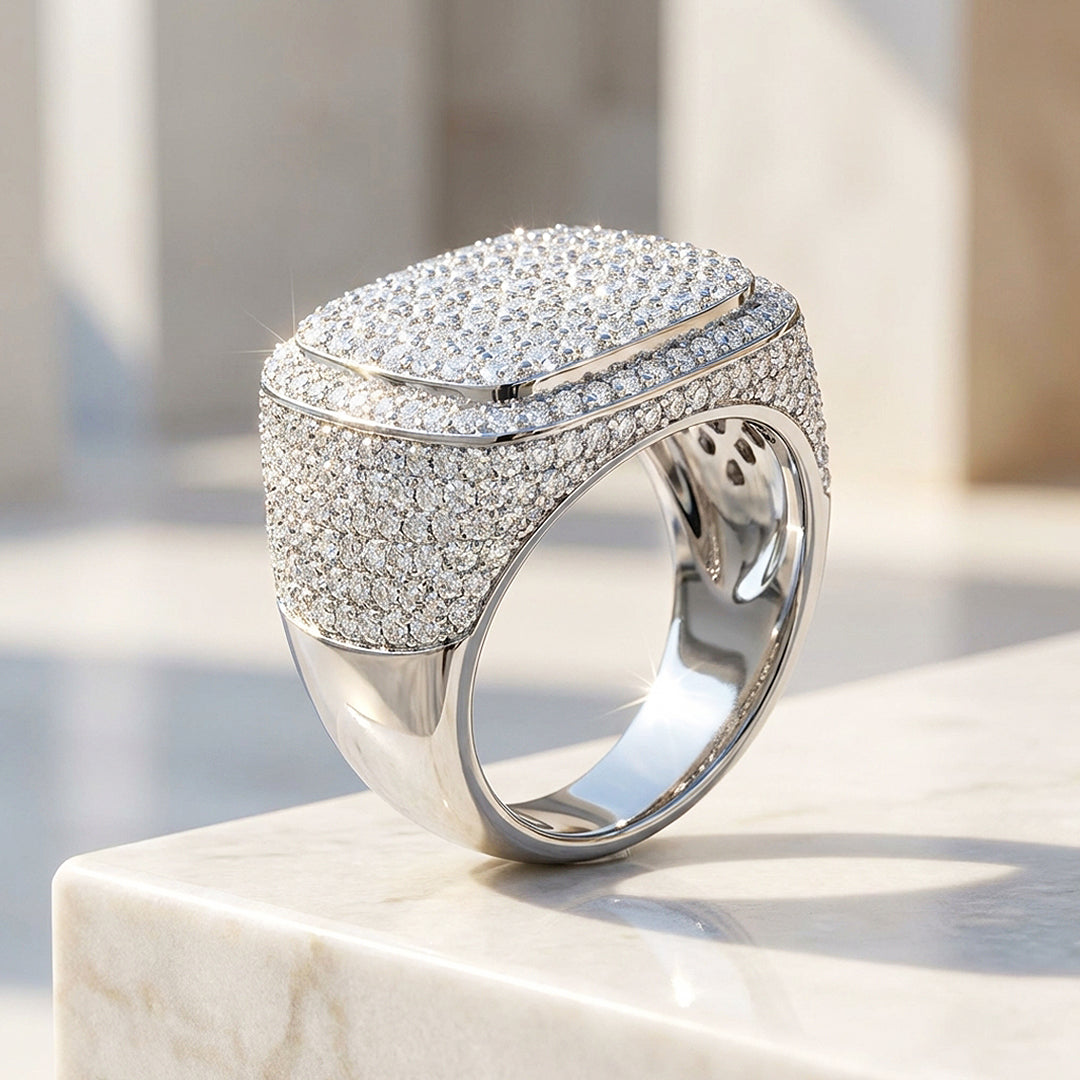 Iced Signet Moissanite Men Ring | 925 Sterling Silver | PRM1020