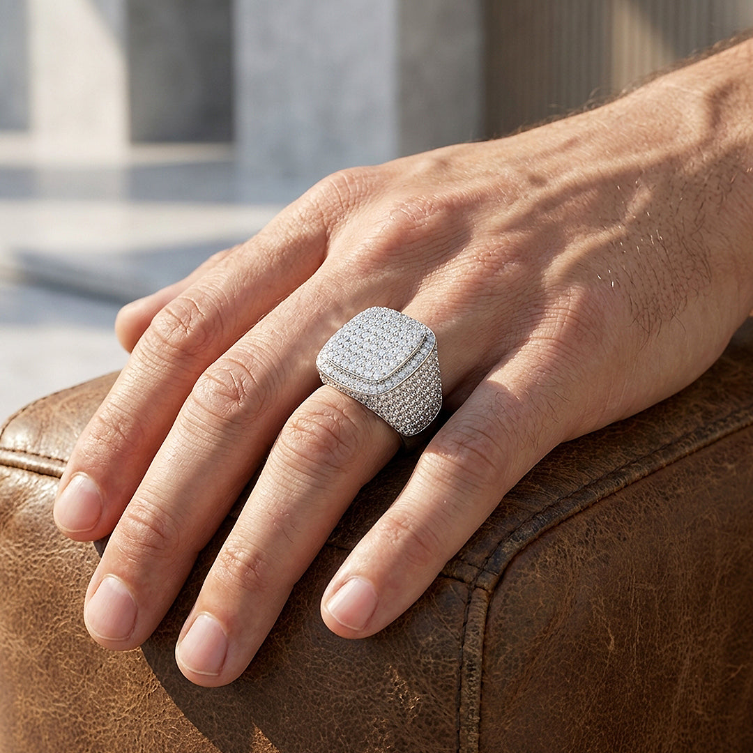Iced Signet Moissanite Men Ring | 925 Sterling Silver | PRM1020