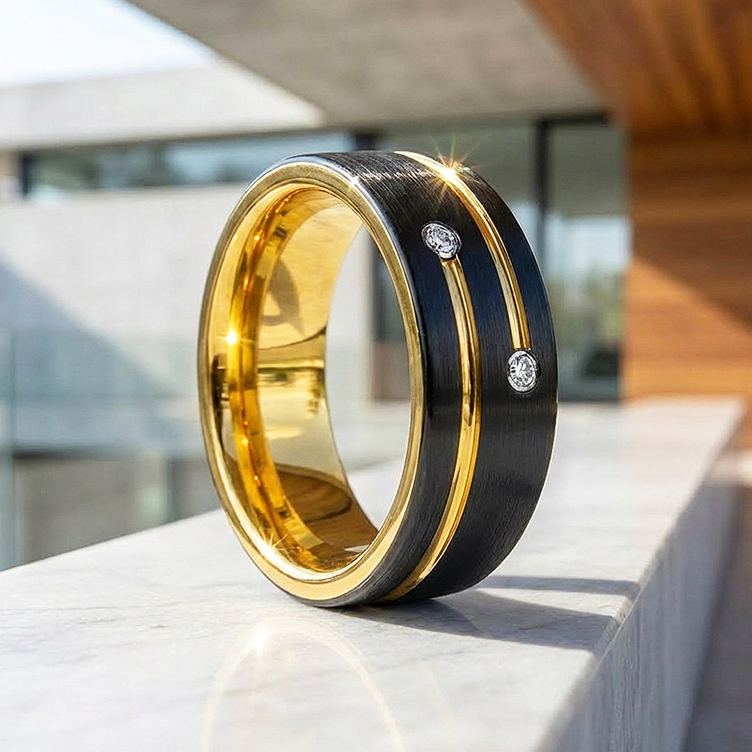 Rich | Brushed Dual Stone Black Tungsten Carbide Ring | Men's Ring