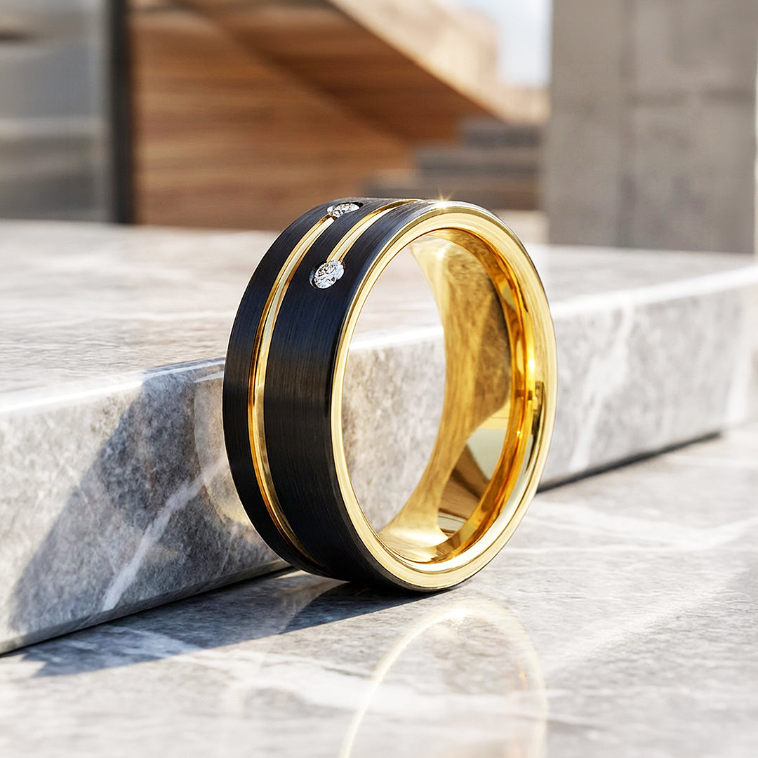 Rich | Brushed Dual Stone Black Tungsten Carbide Ring | Men's Ring