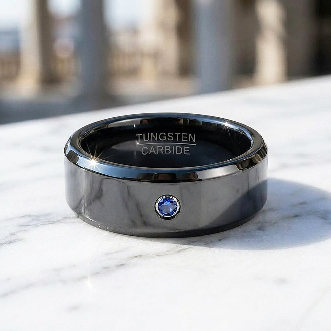 Sage Blue Solitaire Black Tungsten Carbide Ring | Men's Ring