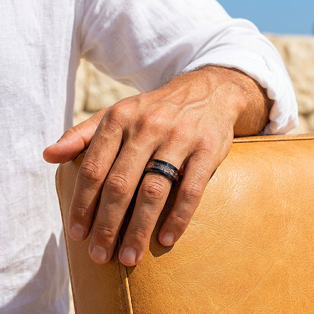 Trilogy | Celtic Rose Gold Carbon Fibre Inlay Black Tungsten Carbide | Men's Ring