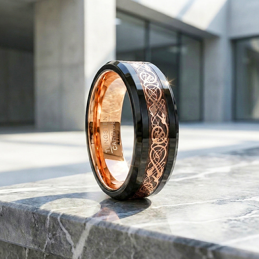 Trilogy | Celtic Rose Gold Carbon Fibre Inlay Black Tungsten Carbide | Men's Ring