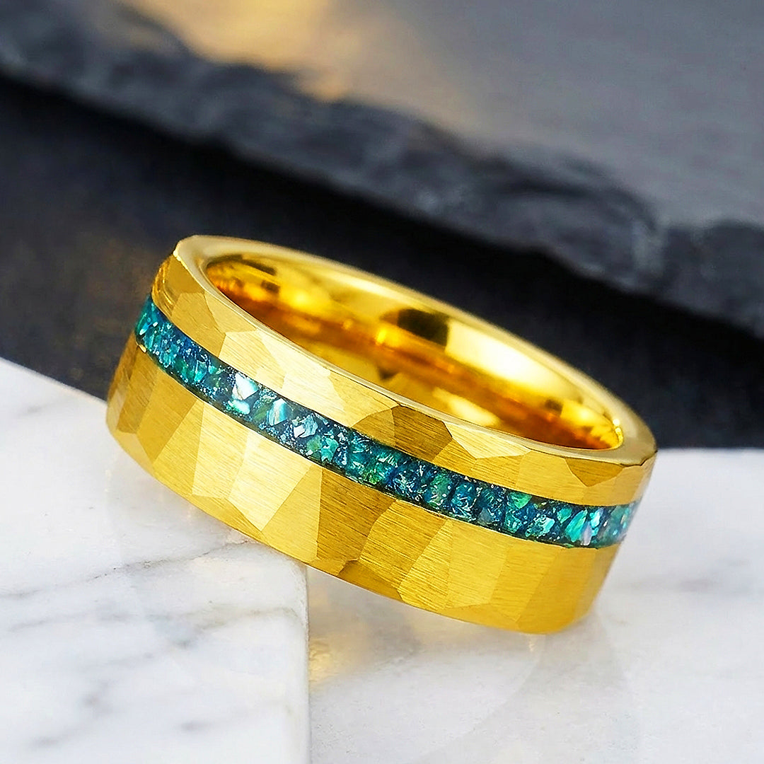 Veridian Hammered Gold Teal Inlay Tungsten Carbide Ring | Men's Ring